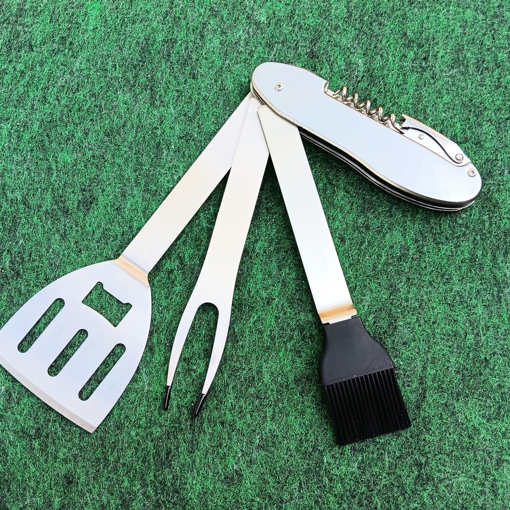 New Stainless Steel BBQ Multi Tool With Case Spatula, Fork and Basting Brush